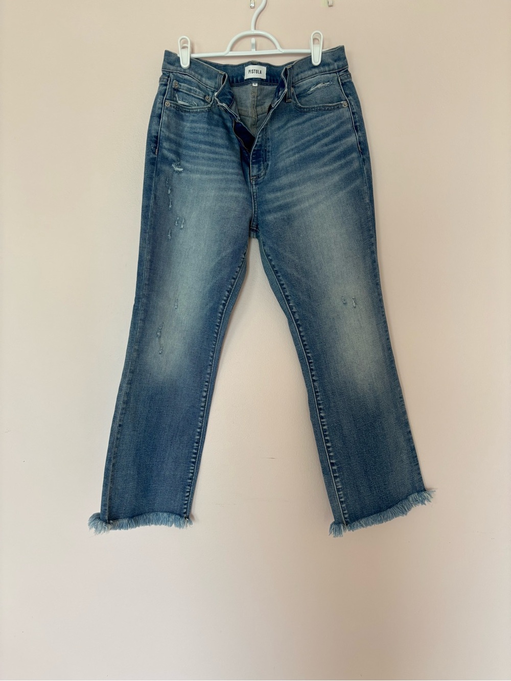 pistola faded blue cropped straight jeans with raw hem